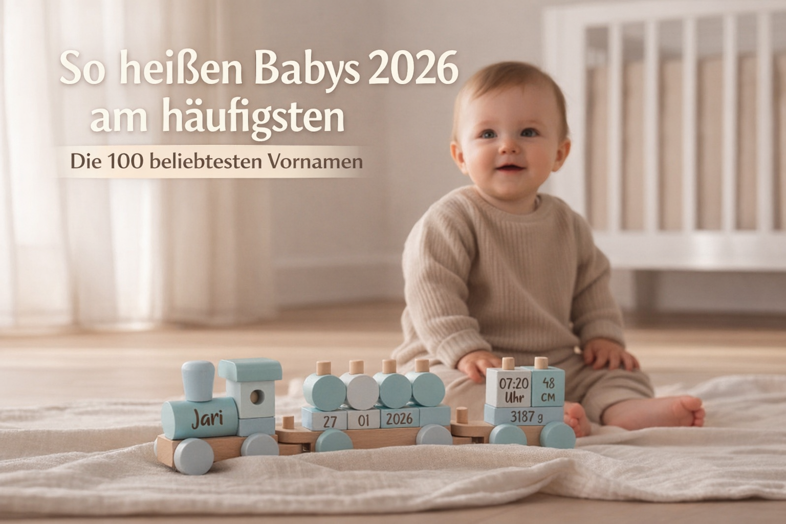 Beliebteste Babynamen 2026 – personalisierter Holzzug mit Name als Geschenk zur Geburt bei Schmatzepuffer
