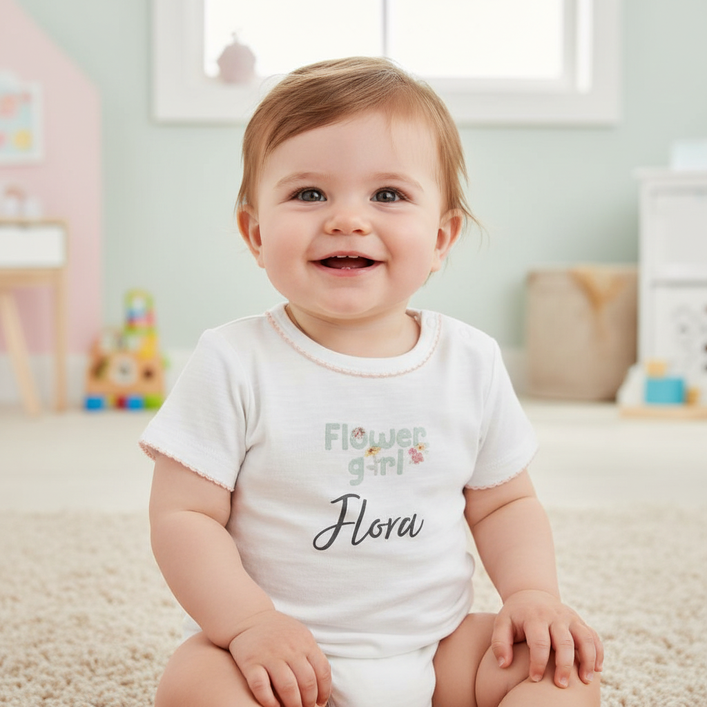 Baby in personalisiertem Body von Schmatzepuffer – reduzierte Baby- & Kinderbekleidung entdecken