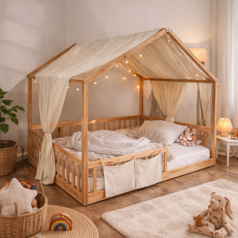 Hausbett 140x200 Kinderzimmer Montessori Bodenbett Holz mit Dach und Textil, gemütliche Schlafumgebung für Kinder