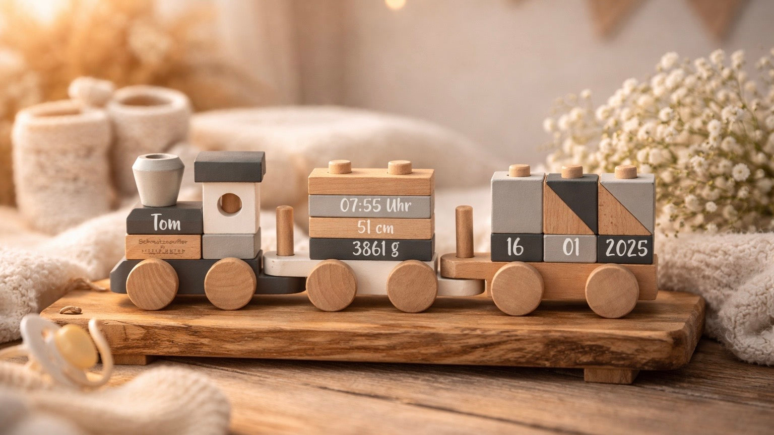 Personalisierter Holzzug mit Name und Geburtsdaten als Geschenk zur Geburt – personalisiertes Babygeschenk von Schmatzepuffer