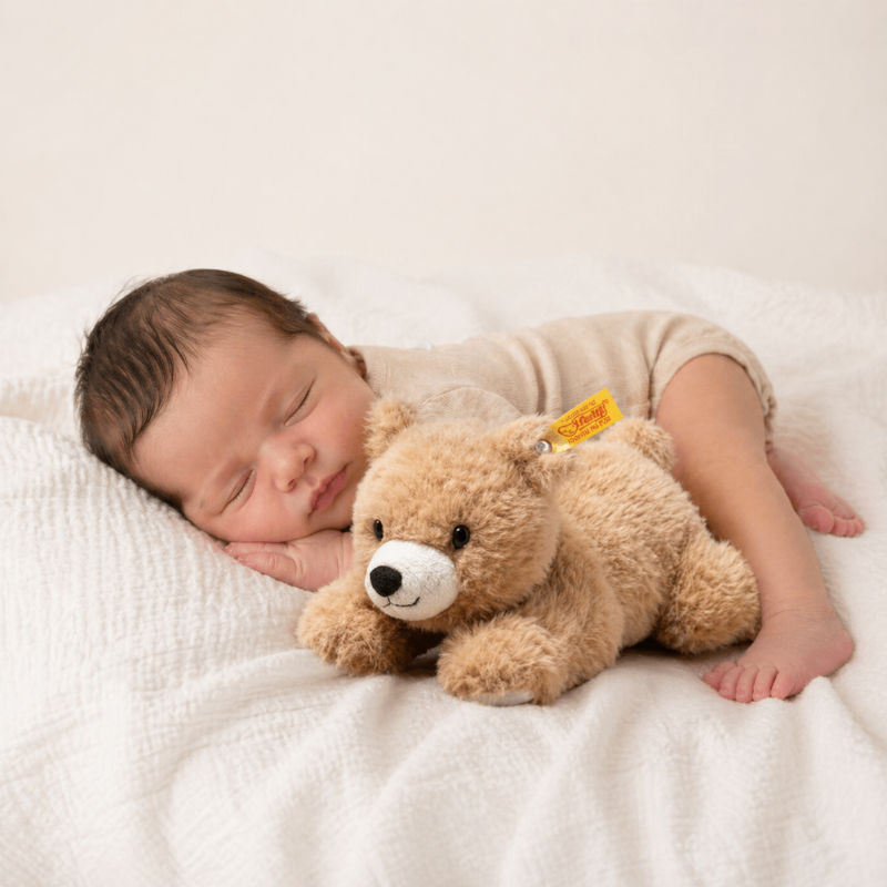 Neugeborenes Baby schläft friedlich mit Kuschelteddy – Antworten auf die wichtigsten Fragen im ersten Babyjahr