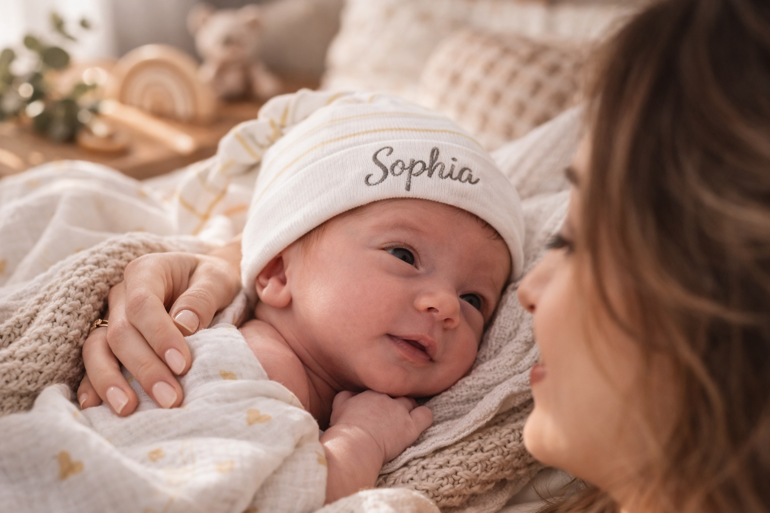 Baby mit Mütze im Arm der Mutter – Geborgenheit und Routine im Alltag mit Baby