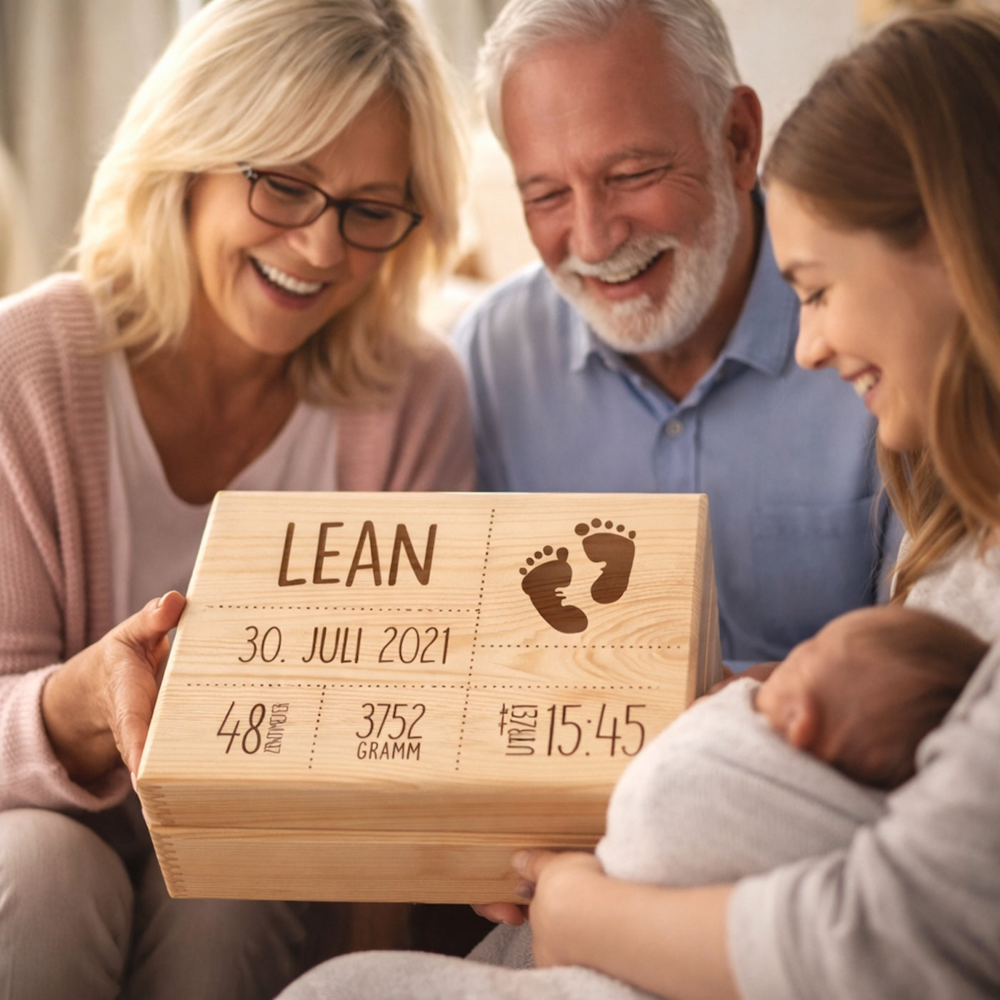 Personalisierte Erinnerungsbox aus Holz mit Name und Geburtsdaten als Geschenk zur Geburt, gehalten von Großeltern neben Mutter mit Baby