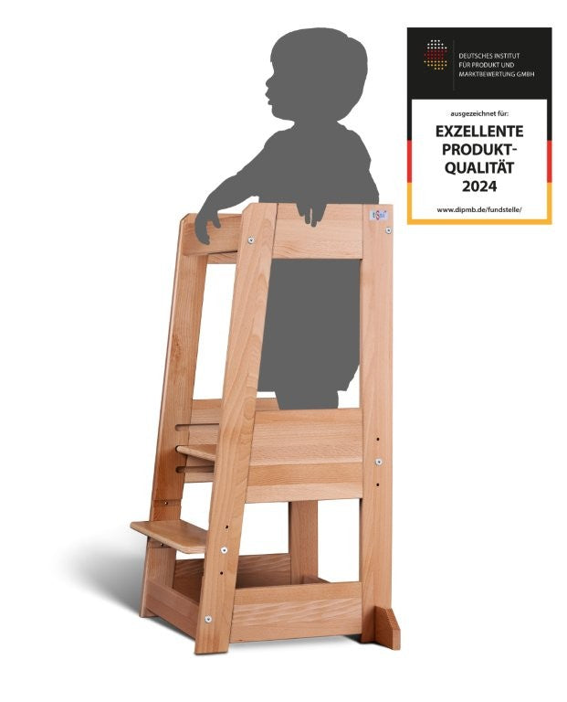 Natural wood learning tower for children with stepped design, ideal for kitchen use, supporting kids' involvement safely.
