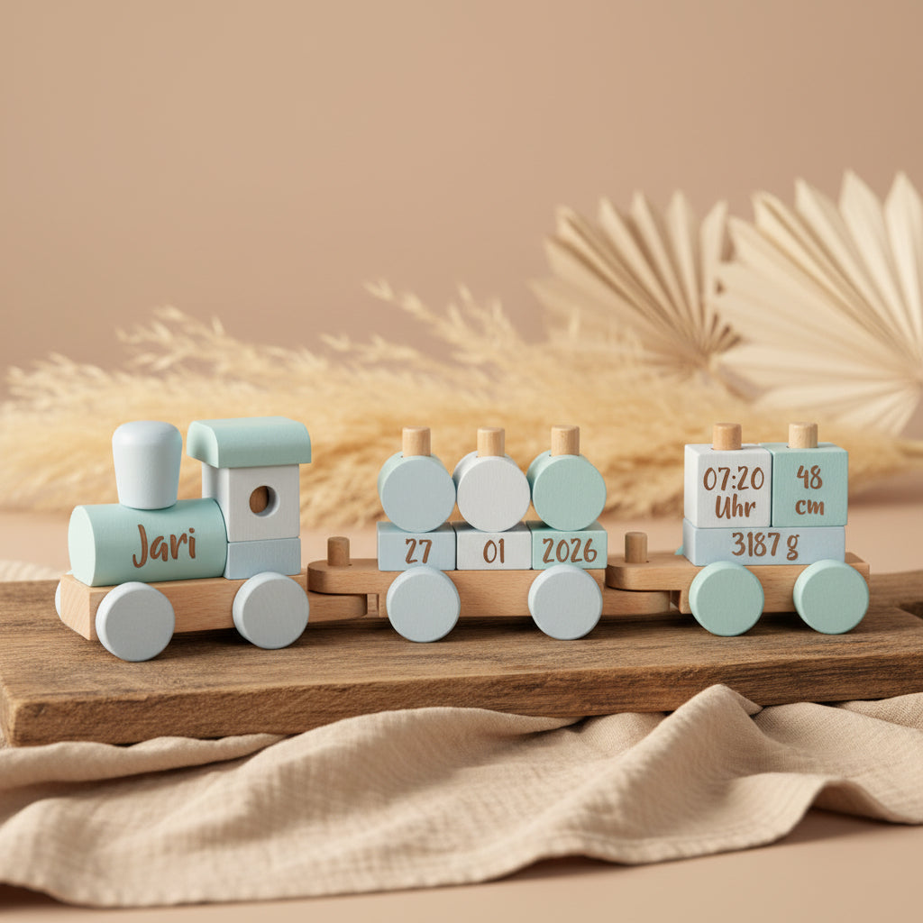 Personalisierter Holz-Zug blau – Geschenk zur Geburt mit Name | Schmatzepuffer