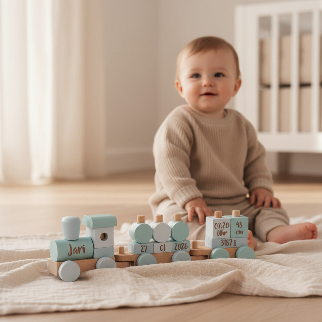 Personalisierter Holz-Zug blau – Geschenk zur Geburt mit Name | Schmatzepuffer