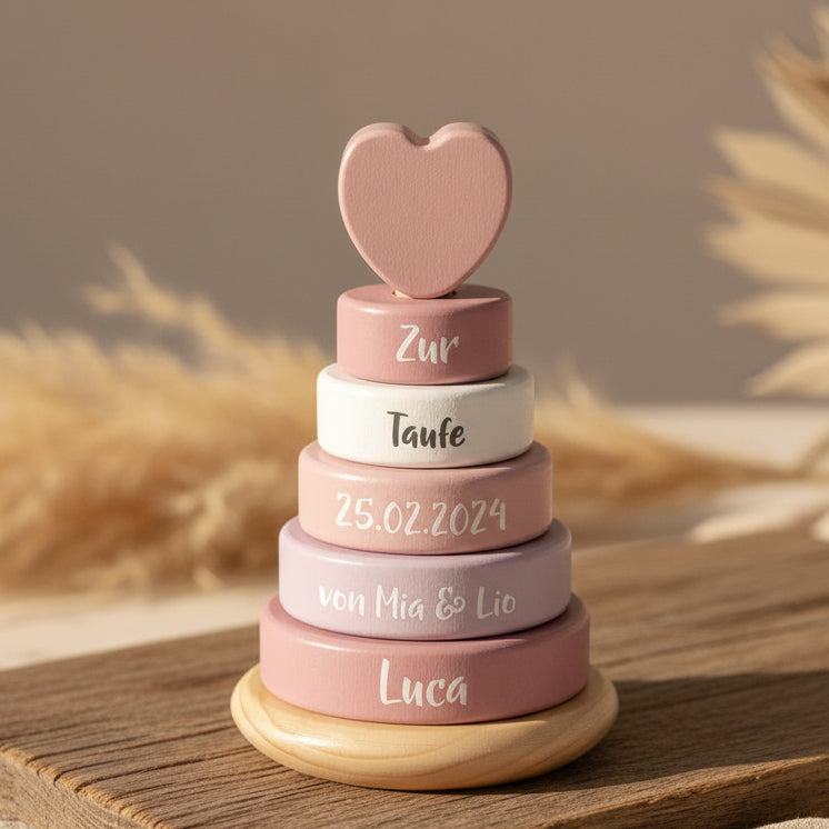 Personalized stacking tower in pink - For a christening | small foot by Schmatzepuffer