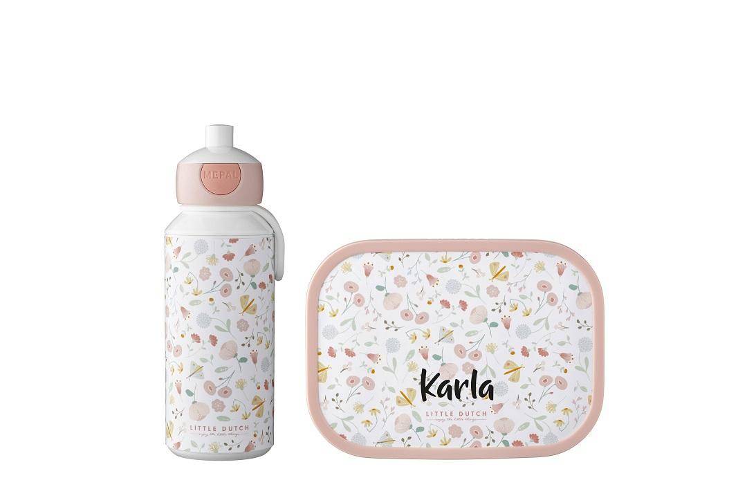 Flowers & Butterflies lunch set, lunch box, and pop-up bottle | Little Dutch x Mepal