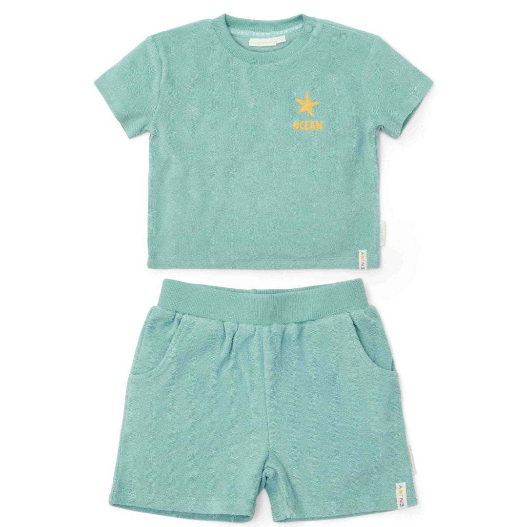 T-Shirt und Shorts Seashells and Stripes Surf Blue | Little Dutch