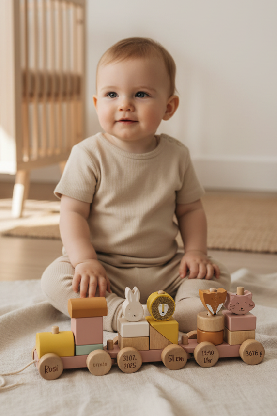 Holz-Zug Eisenbahn mit Tieren - Frau Katze - zur Geburt | Trixie