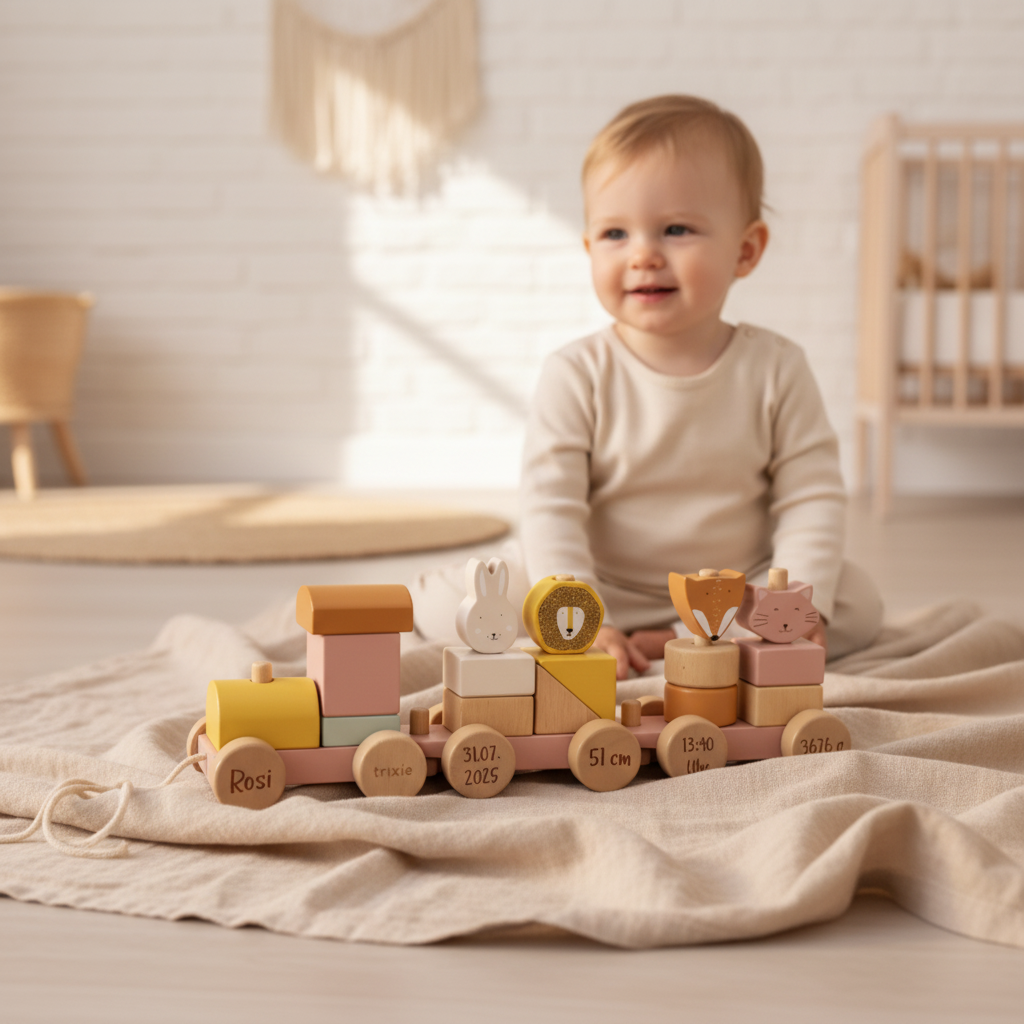 Holz-Zug Eisenbahn mit Tieren - Frau Katze - zur Geburt | Trixie