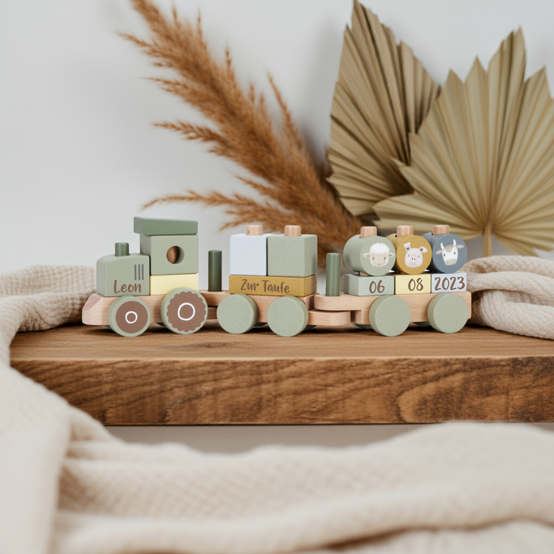 Personalisierter Holz-Zug Little Farm -Geschenk zur Taufe