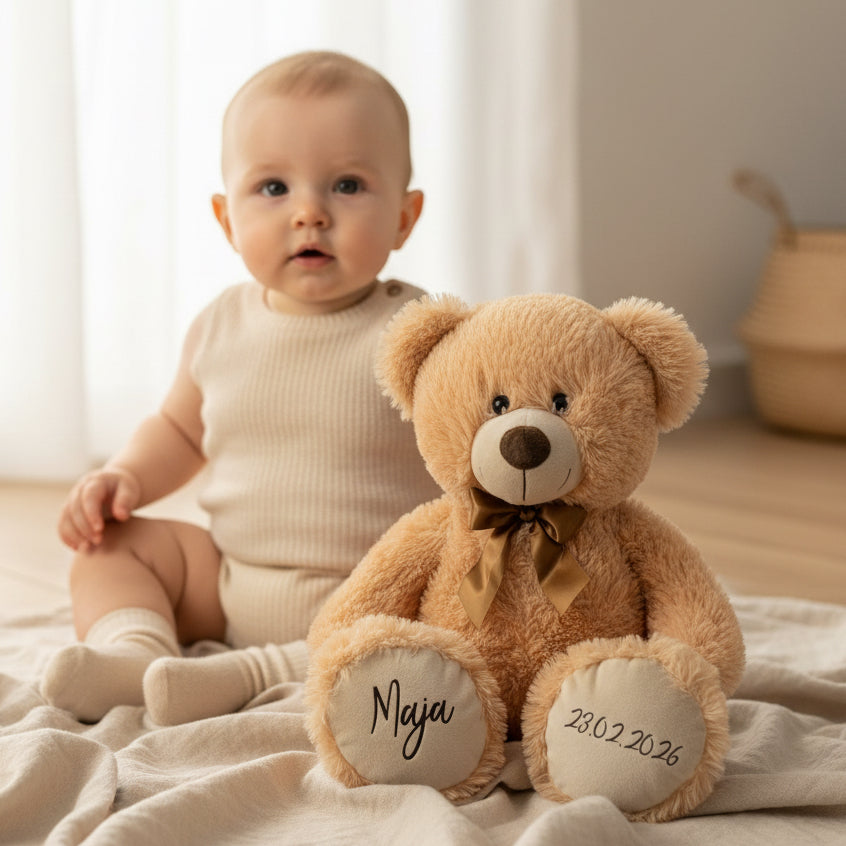 Personalisierter Teddybär 54cm Karamellbraun mit Name & Geburtsdatum - Kuscheltier zur Geburt