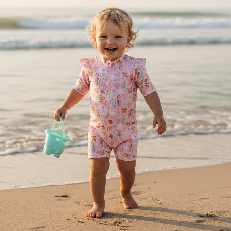 Badeanzug kurzarm Rüschen Ocean Dreams Pink | Little Dutch