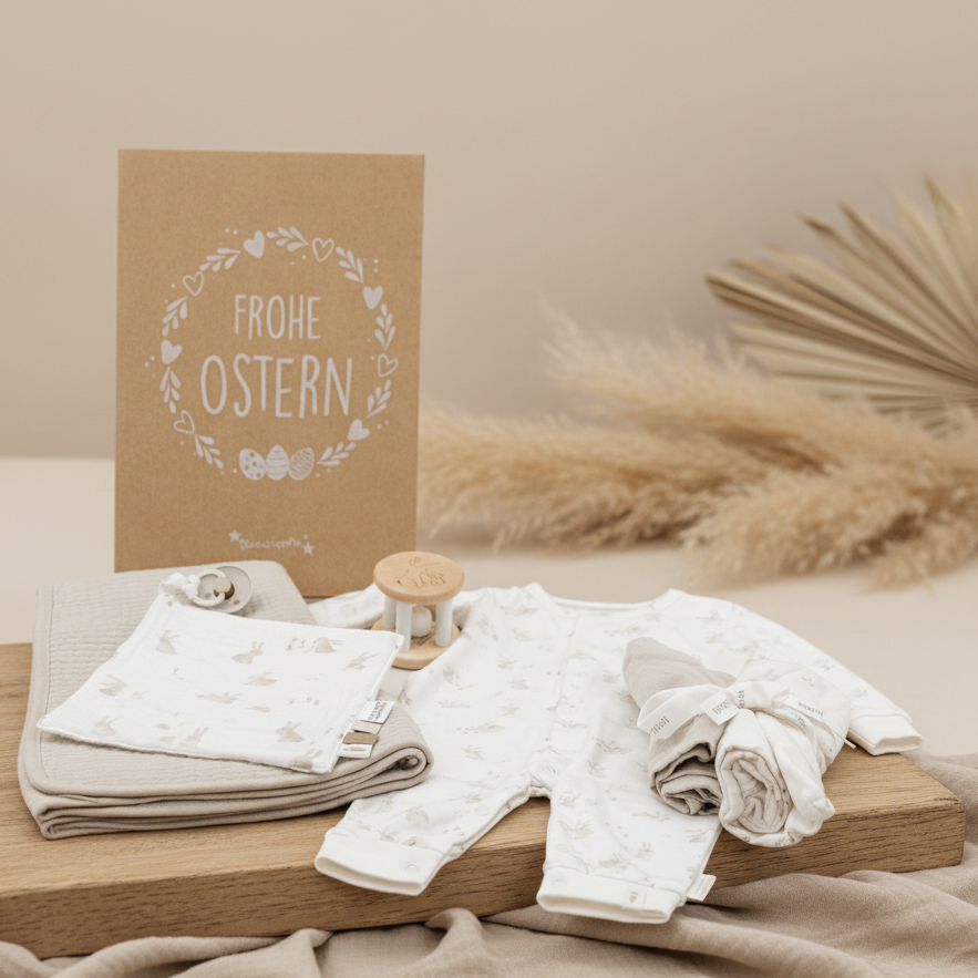 Exklusives Oster-Geschenkset für Babys mit Kleidung, Accessoires und liebevoller Geschenkverpackung von Schmatzepuffer