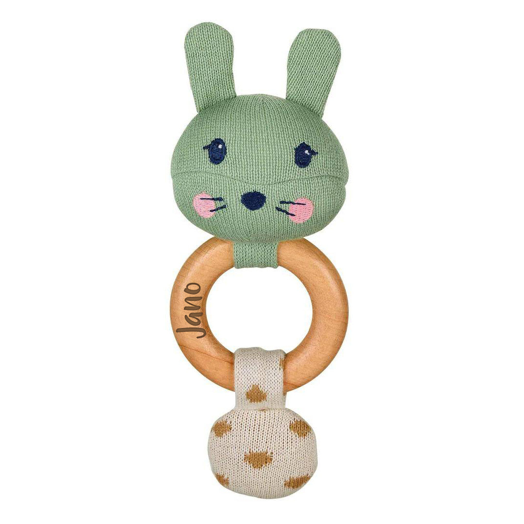 Greifling Hase Kinni Strick, grün/Holz | Sterntaler