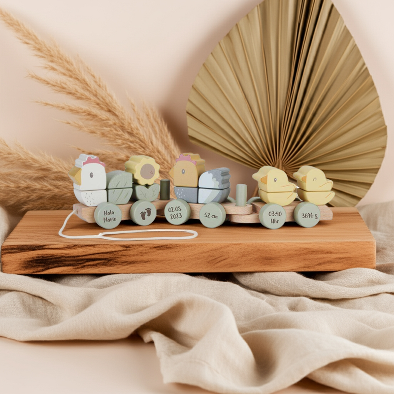 Personalisierter Holz-Zug Huhn -Geschenk zur Geburt
