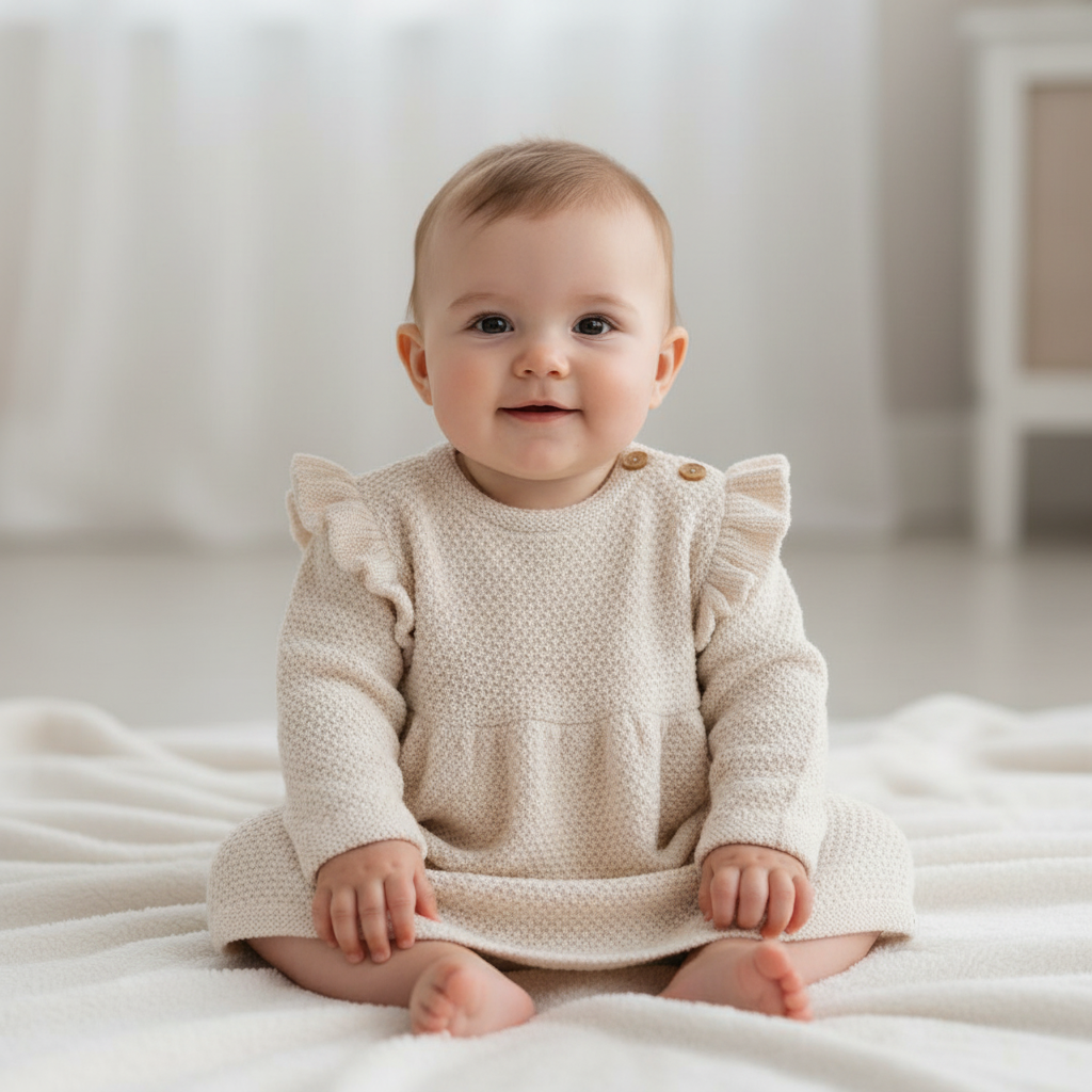 Gestricktes Kleid langarm Rüschen Sand | Little Dutch