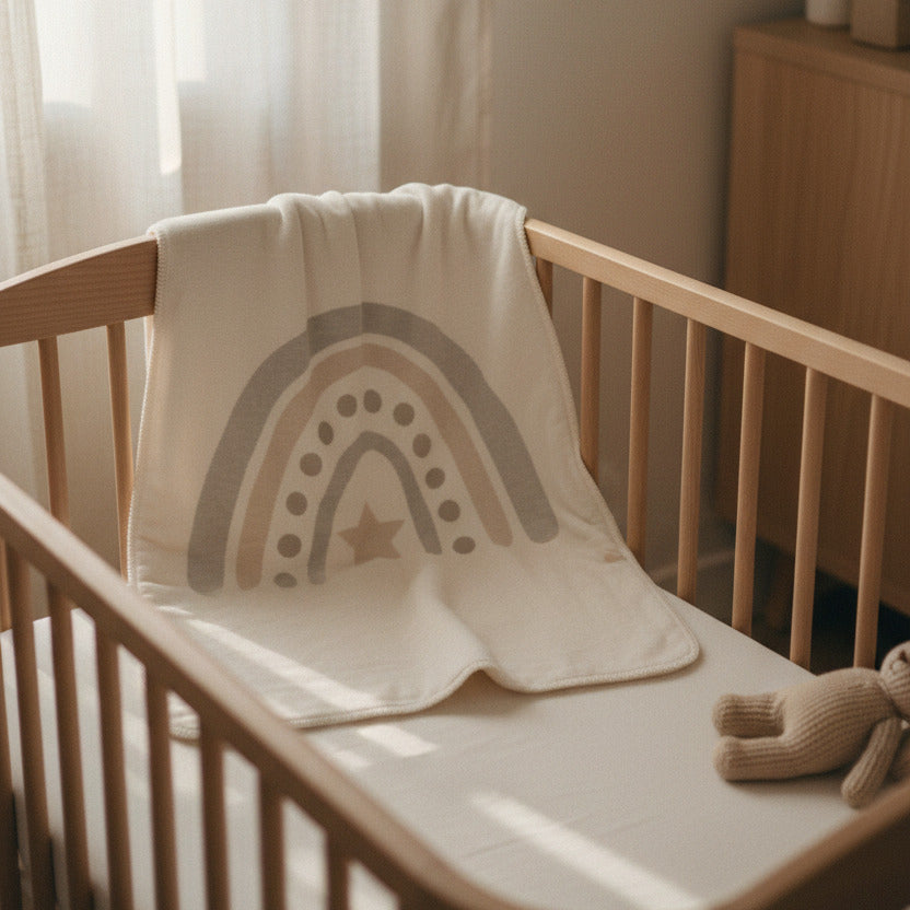 Regenbogen Babydecke aus 100 % organischer Baumwolle in sanften Farben, 70×100 cm, weich gefaltet im Babybett – hochwertige Babydecke von Schmatzepuffer