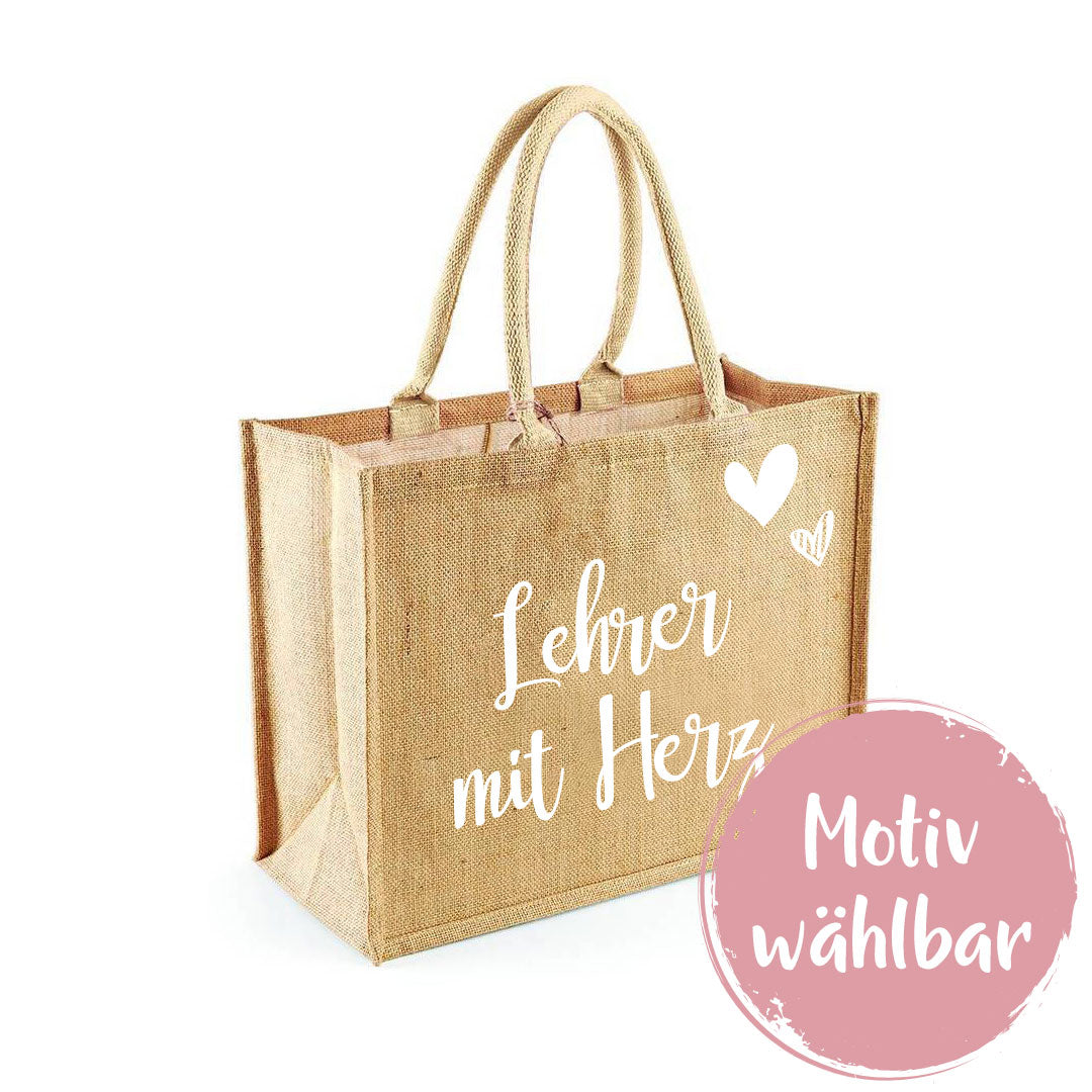 Grote jute tas - gepersonaliseerd met naam en selecteerbaar motief | Schmatzepuffer