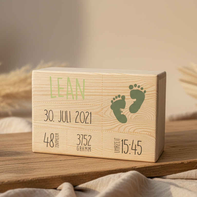 Erinnerungsbox - Naturholz - Zur Geburt personalisiert | Schmatzepuffer