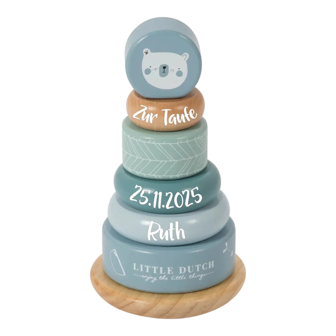 Personalisierter Stapelturm Adventure Blau – Geschenk zur Taufe | Schmatzepuffer