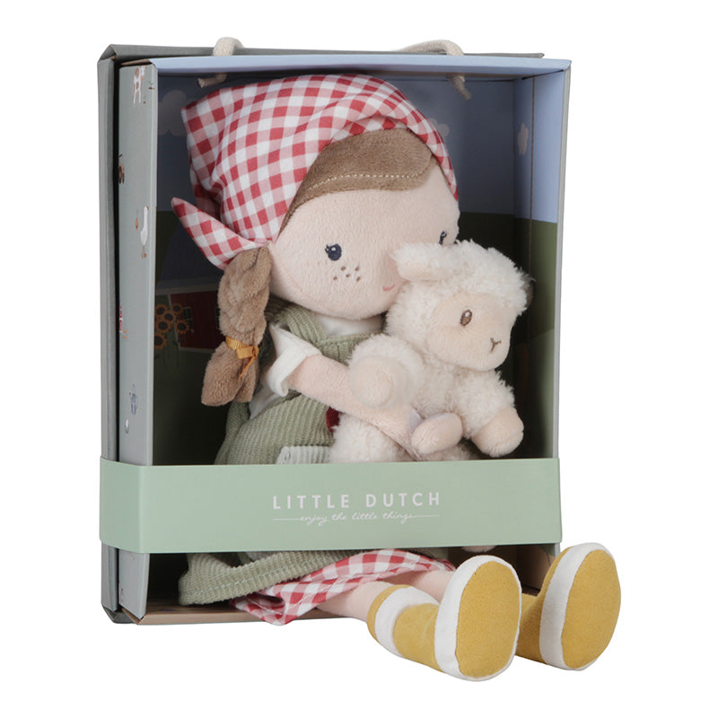 Petite poupée hollandaise en peluche fermière Rosa avec mouton 35 cm
