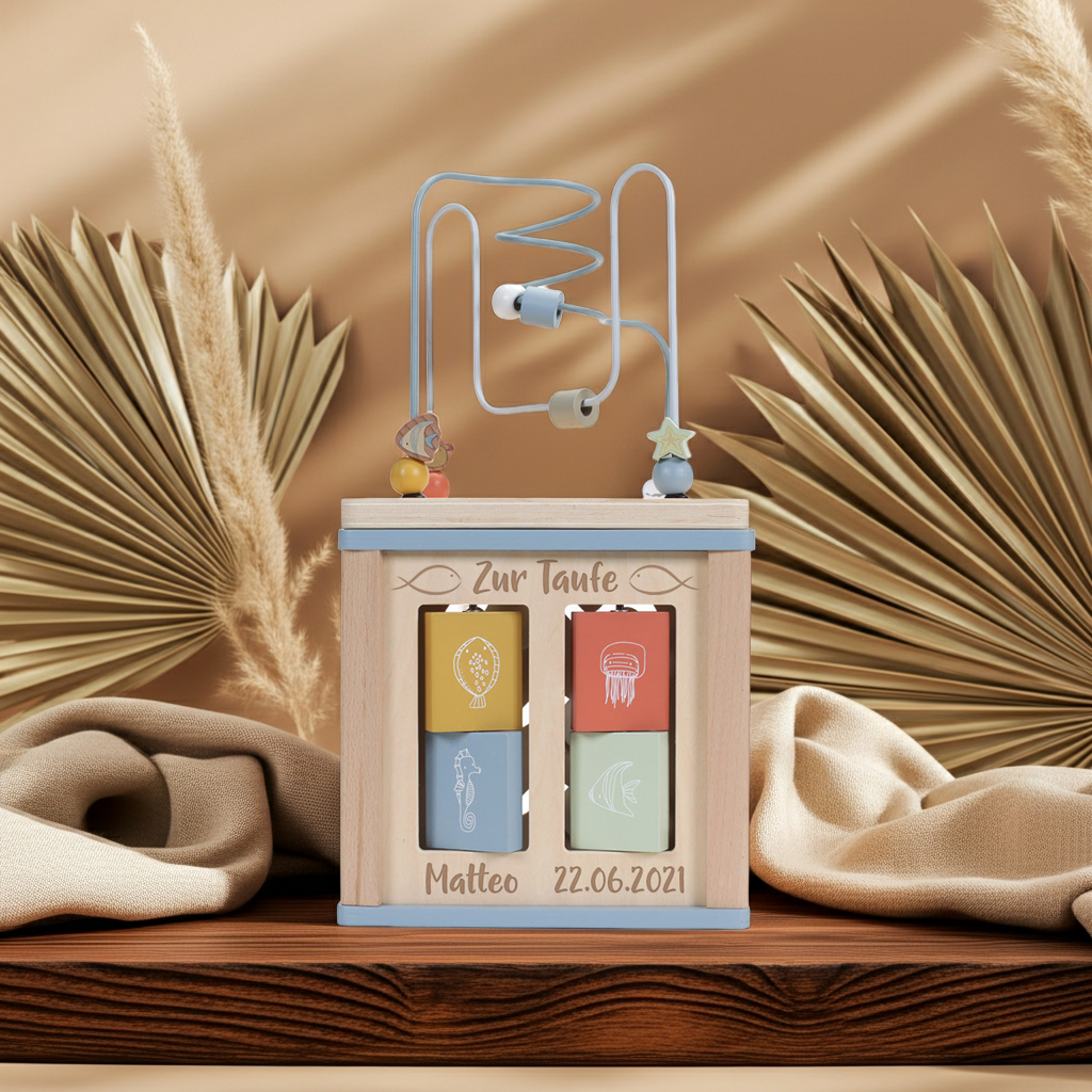 Ocean Wooden Motor Skills Cube - For Baptism | Little Dutch
