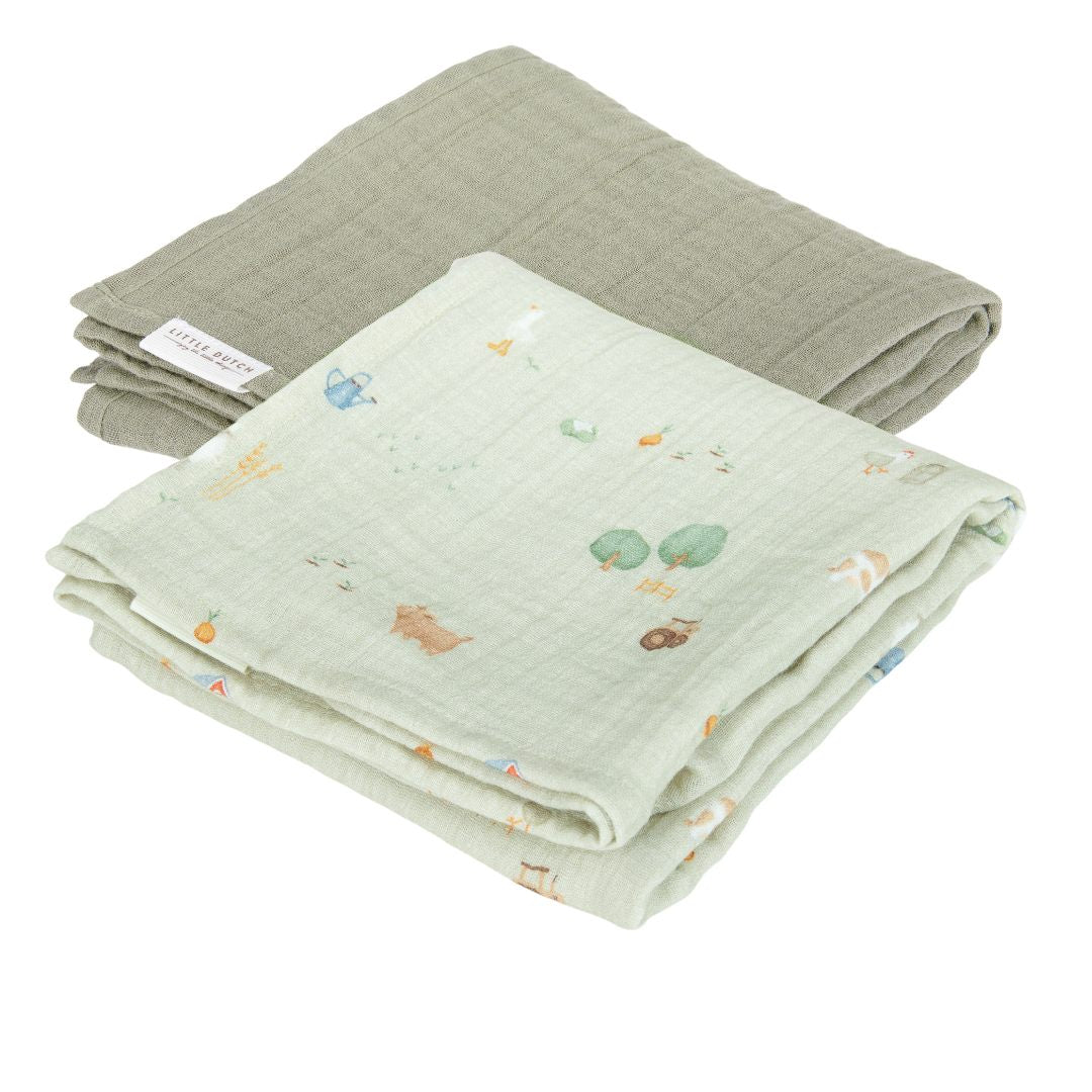 Musselintuch Swaddles 70 x 70 Little Farm / Pure Olive | Little Dutch
