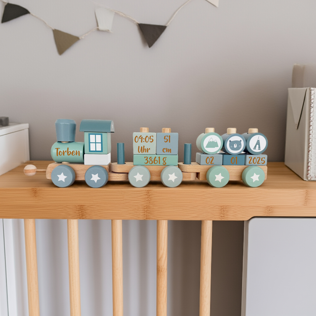 Holz-Zug Adventure Blau - Zur Geburt | Little Dutch
