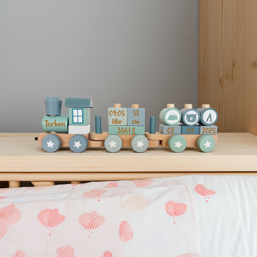 Holz-Zug Adventure Blau - Zur Geburt | Little Dutch