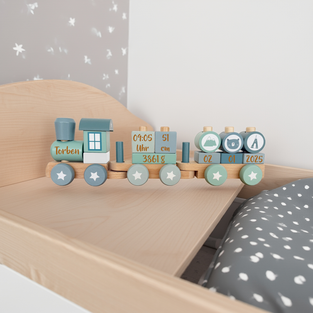 Holz-Zug Adventure Blau - Zur Geburt | Little Dutch
