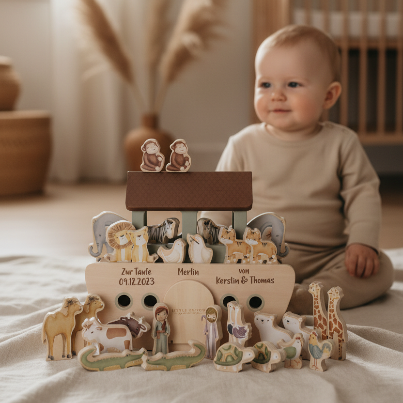 Personalisierte Arche Noah aus Holz zur Taufe – liebevolles Taufgeschenk mit Name und Datum, zeitloses Erinnerungsstück für Babys und Kinder