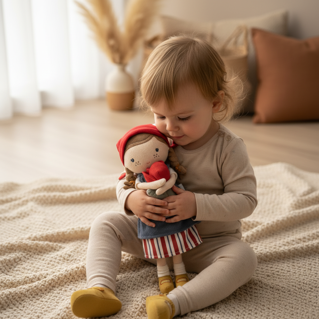Baby kuschelt mit personalisierter Stoffpuppe – erste Lieblingspuppe mit Name als emotionales Geschenk zur Geburt