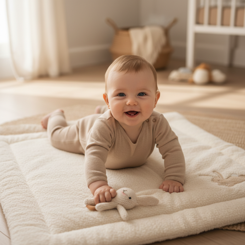 Weiche Baby Spieldecke als Krabbeldecke mit Hase – Baby liegt darauf und spielt im gemütlichen Zuhause