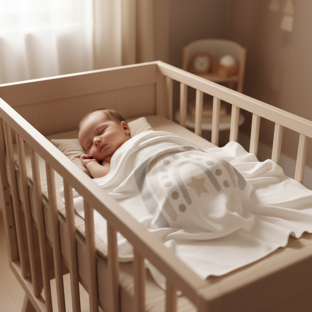 Neugeborenes Baby schläft im Holzbett, eingewickelt in eine weiche Babydecke aus Bio-Baumwolle mit Regenbogen- und Sternenmuster bei warmem Licht