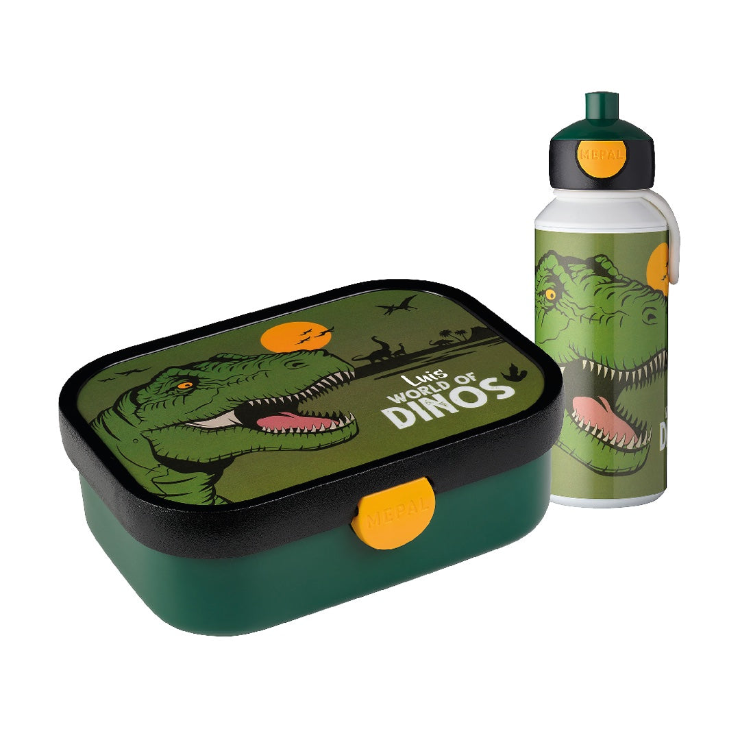 Dinosaur lunch set, lunch box, and pop-up bottle | Mepal