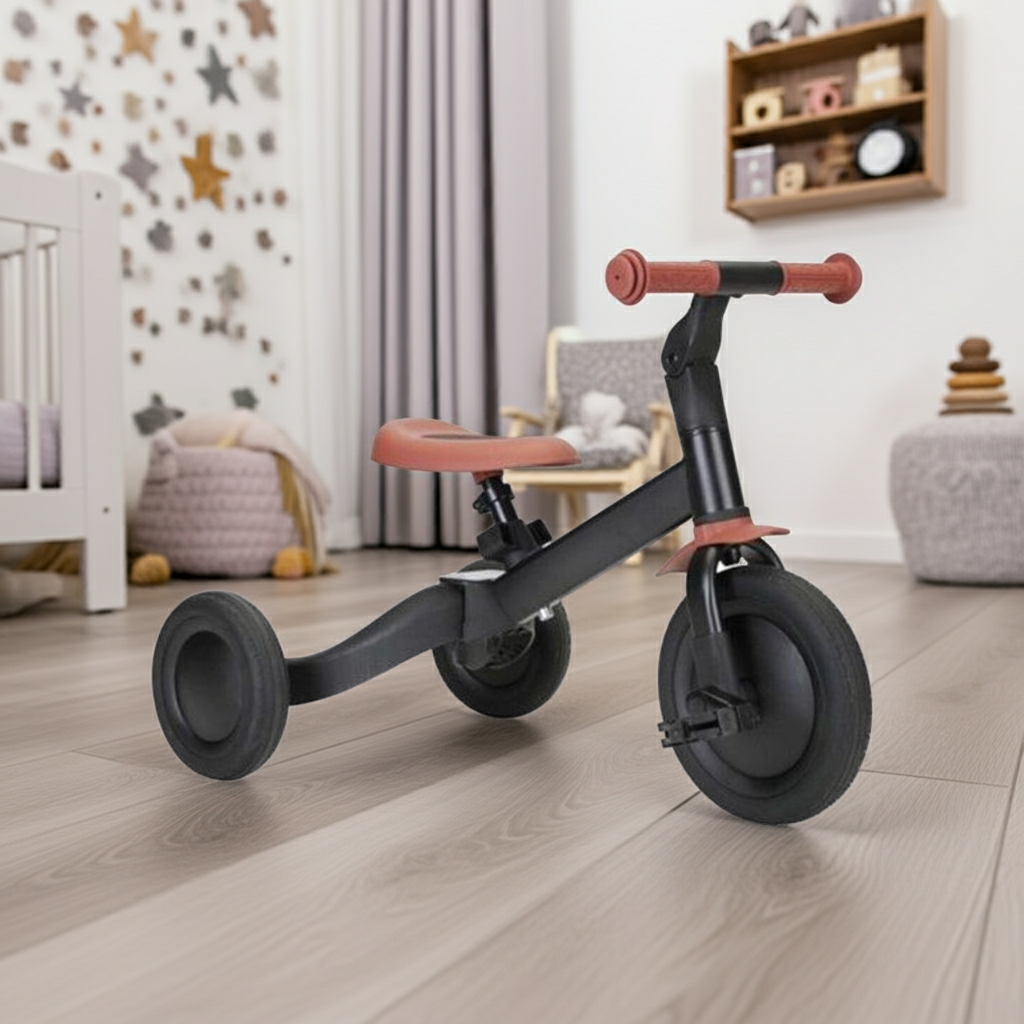 4 in 1 Dreirad und Laufrad schwarz für Kinder ab 1 Jahr mit Pedalen und drei Rädern im Einsatz