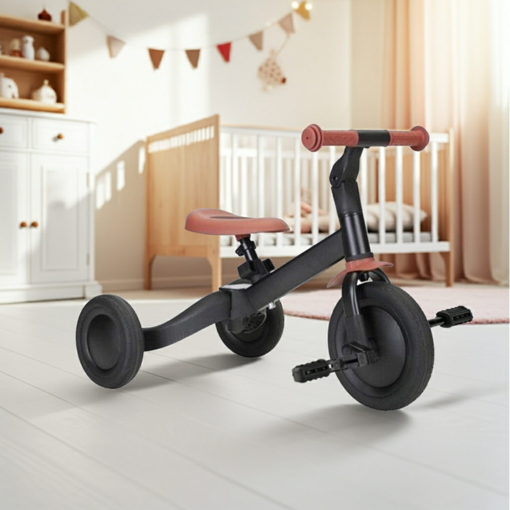 4 in 1 Dreirad und Laufrad in Schwarz für Kinder ab 1 Jahr im Kinderzimmer, mit Pedalen und drei Rädern, fördert Balance und Motorik