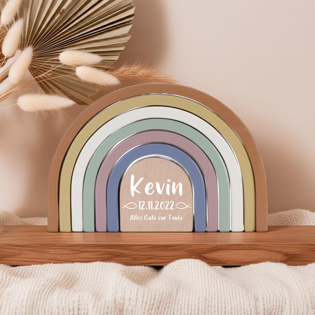 Arc-en-ciel empilable vintage en bois imprimé « Pour le baptême » | Little Dutch