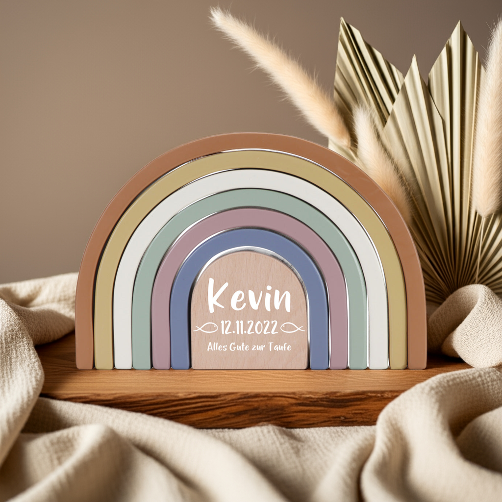 Arc-en-ciel empilable vintage en bois imprimé « Pour le baptême » | Little Dutch