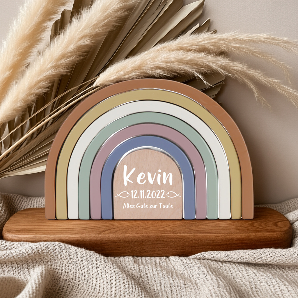 Arc-en-ciel empilable vintage en bois imprimé « Pour le baptême » | Little Dutch