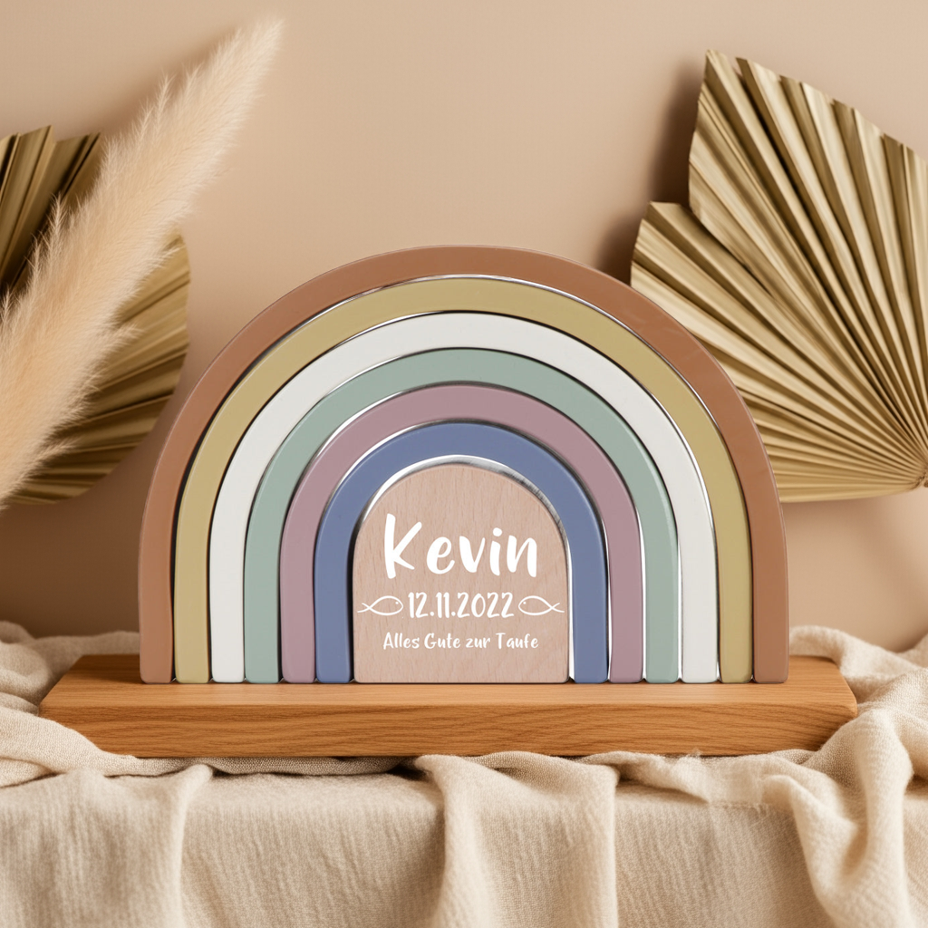 Arc-en-ciel empilable vintage en bois imprimé « Pour le baptême » | Little Dutch