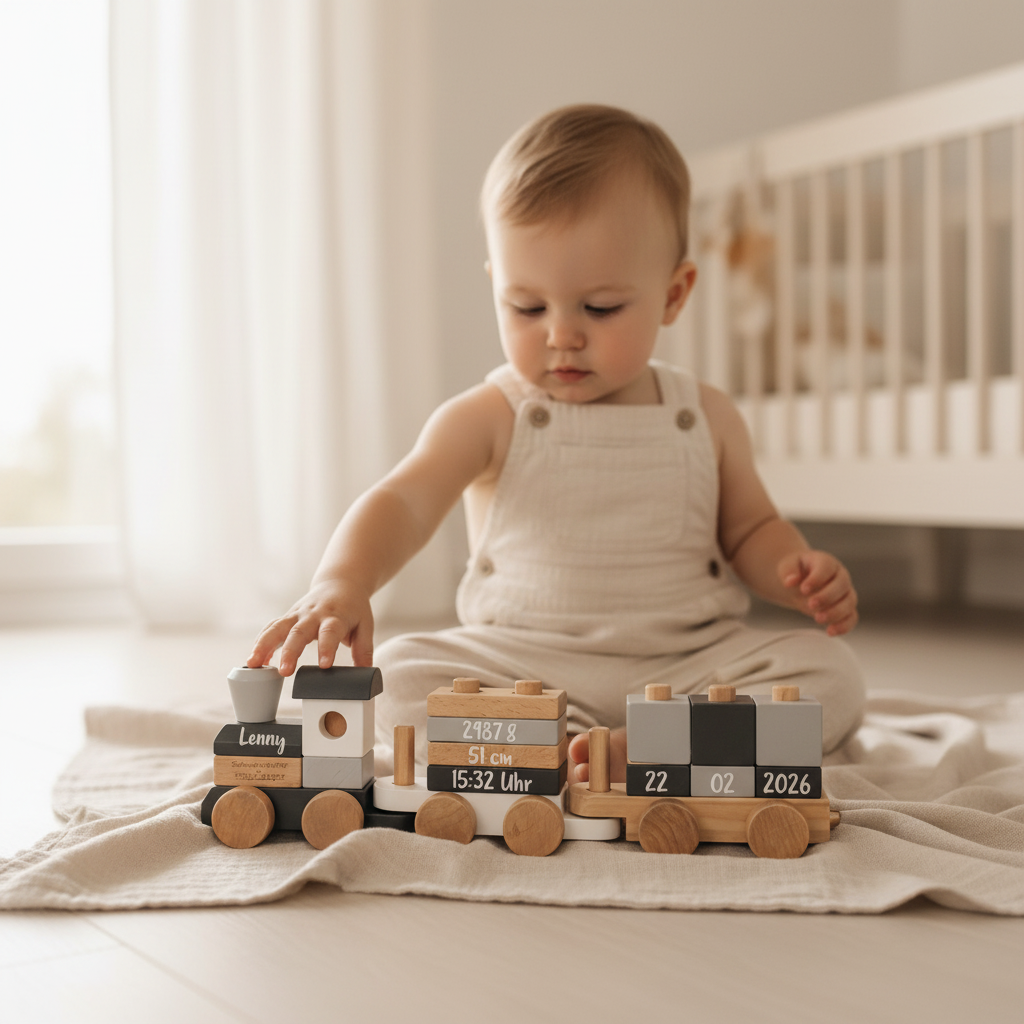 Geschenk zur Geburt personalisiert mit Name und Geburtsdaten 2026 – Holzzug Babygeschenk von Schmatzepuffer