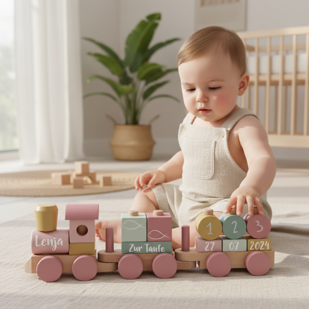Personalisiertes Geschenk zur Taufe für Mädchen – Holzzug mit Name und Geburtsdatum als liebevolles Erinnerungsstück, präsentiert im Kinderzimmer mit Baby