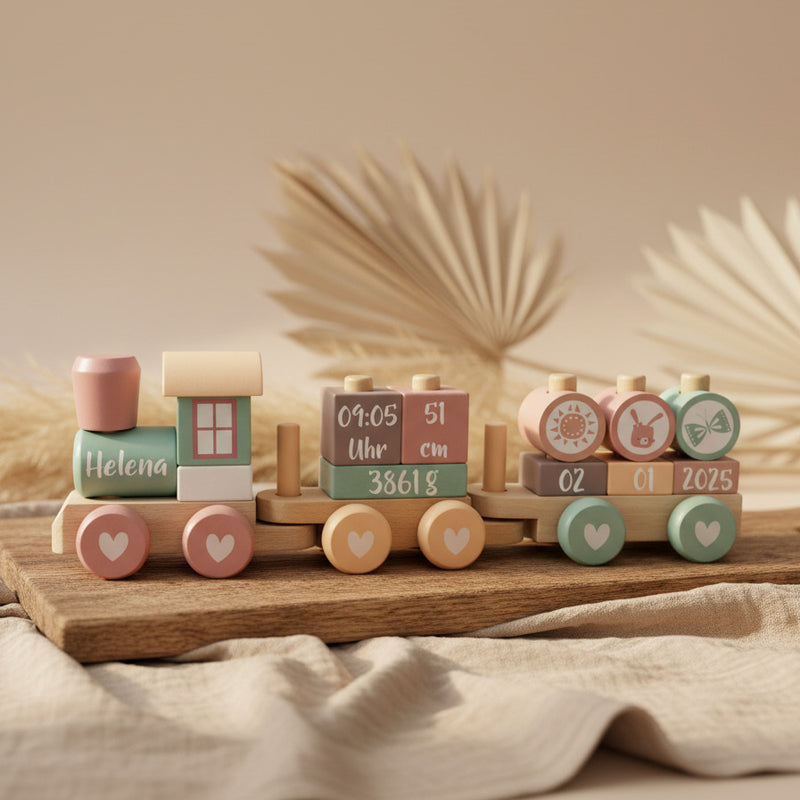 Personalisierter Holz-Zug in Rosa und Pink – Geschenk zur Geburt