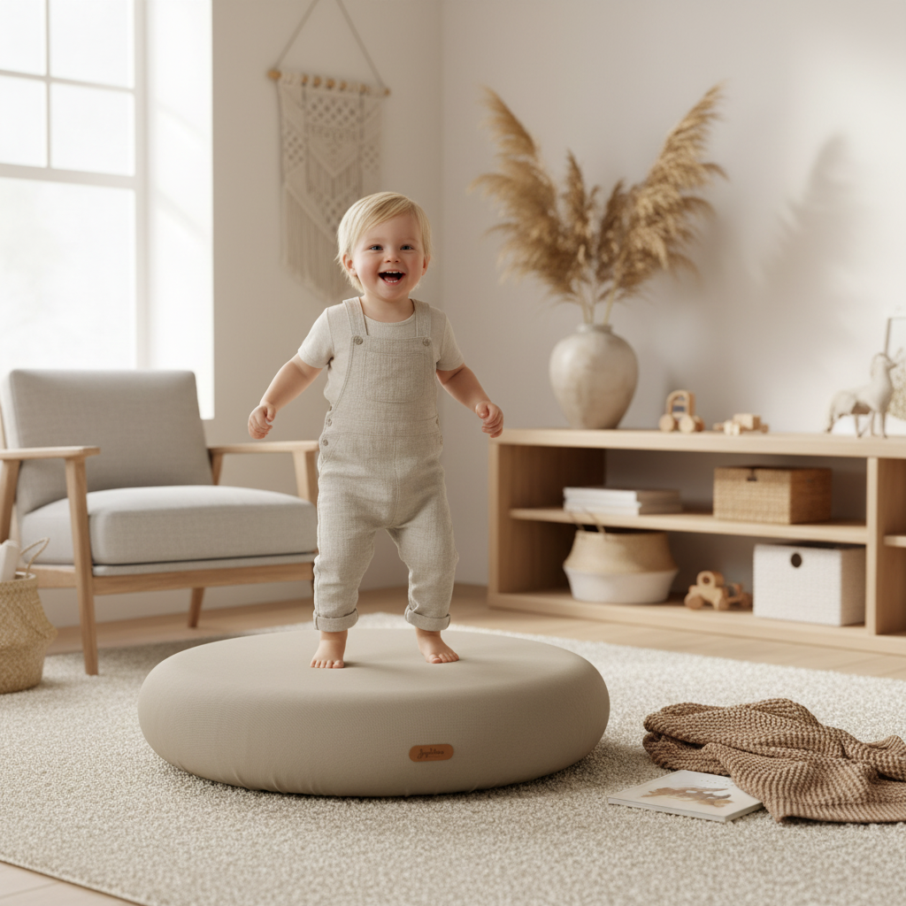 Kleinkind hüpft auf Jupiduu Indoor Sprungkissen in dunklem Beige im modernen Wohnzimmer, sicheres Bewegungsspielzeug für Kinder