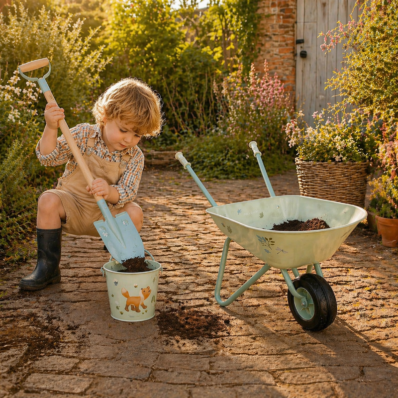 Kind spielt mit Kinder-Gartenset aus Schubkarre, Schaufel und Eimer auf einem sonnigen Gartenweg im warmen Abendlicht