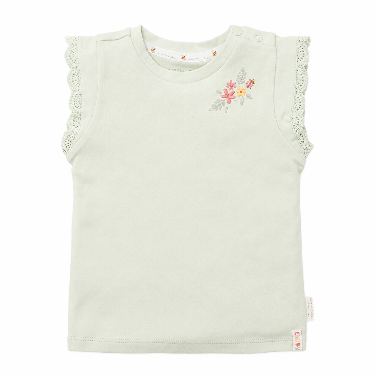 Grünes Kinder-Top mit Spitzenärmeln und kleiner Blumenstickerei aus der Little Farm Kollektion