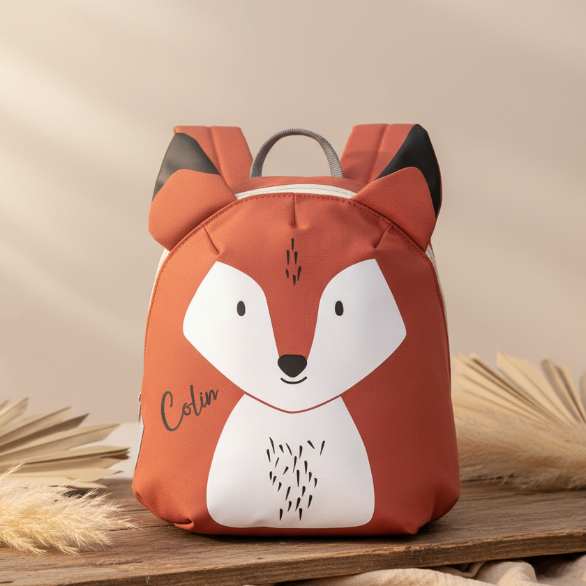 Personalisierter Kinderrucksack mit Namen Colin im Fuchs-Design auf Holzbank vor warmem beigem Hintergrund – ideal für Kindergarten und Kita.